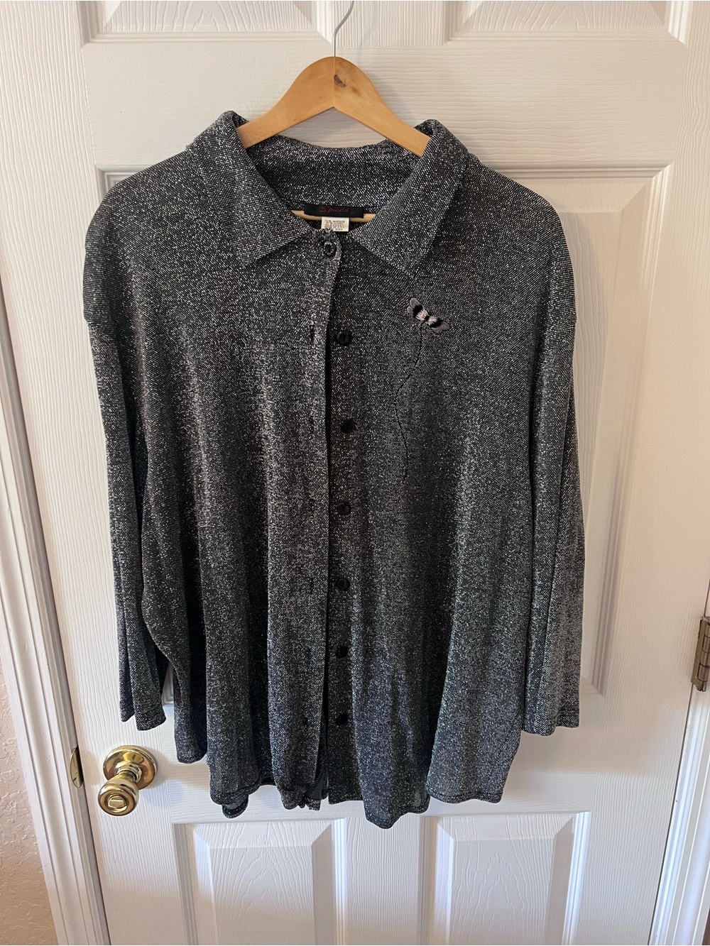 Vintage 90s Metallic Silver Black Glitter Blouse Dragonfly Button Down Y2K